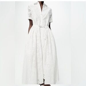 Zara ZW Collection Embroidered Shirtdress White 100% Cotton Size Small